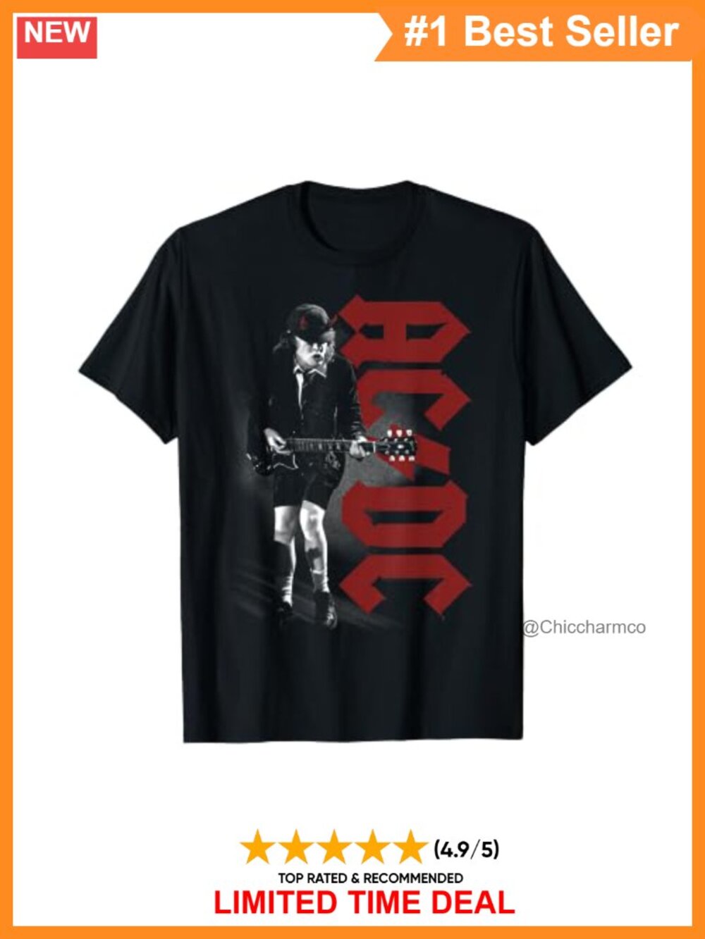 AC/DC Angus Rockin Graphic T-Shirt Lightweight Classic Fit Double-Needle Hem